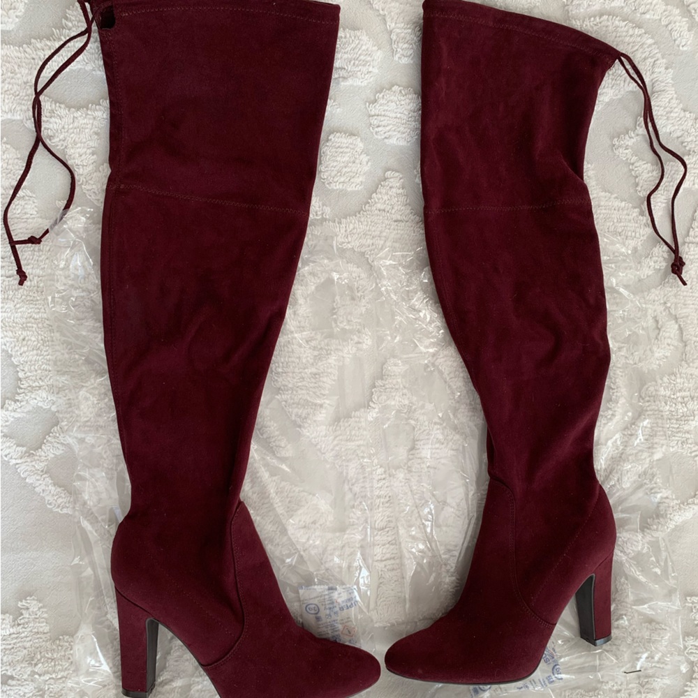 NWT UNISA Over The Knee Burgundy Boots: Short Zipper at Ankle, Ties on top 10